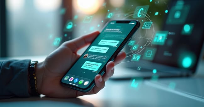 Tela de smartphone mostrando chat de WhatsApp com recomendação de produto personalizada em tempo real, interface moderna e elementos visuais digitais ao redor