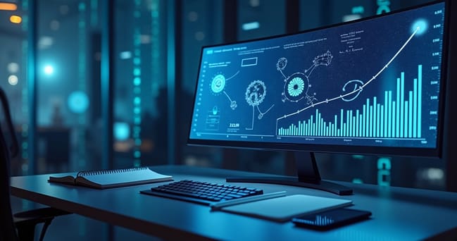 Computador com tela exibindo gráficos de indicadores e ícones de inteligência artificial em fundo tecnológico azul