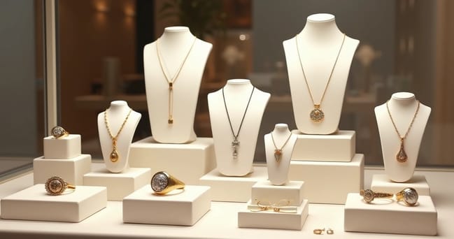 Vitrine com oito tipos de joias populares para dropshipping em 2025, incluindo anéis, colares e brincos em fundo claro