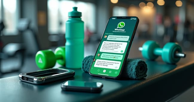 Smartphone exibindo mensagens interativas no WhatsApp com conteúdo fitness, ao lado de acessórios de academia