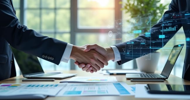 Duas mãos se apertando sobre uma mesa com laptops, gráficos e documentos digitais ao redor representando parceria digital de sucesso