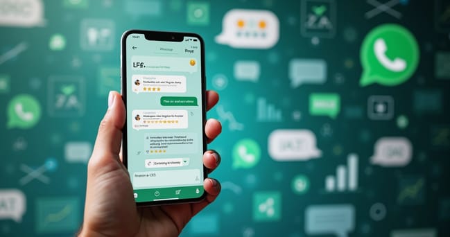 Tela de celular exibindo pesquisa de satisfação CSAT e CES via WhatsApp com interface moderna e notificações interativas