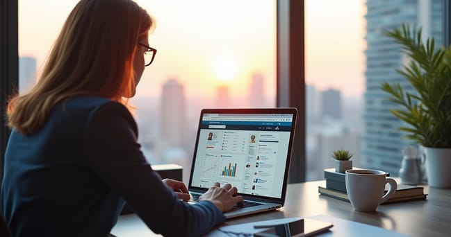 Profissional analisando leads qualificados em laptop com interface do LinkedIn na tela