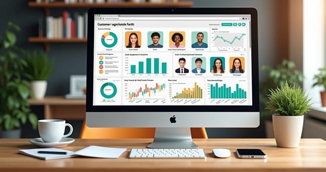 Tela de computador exibindo gráfico de segmentação de público para campanha de e-commerce com dados e personas ao redor