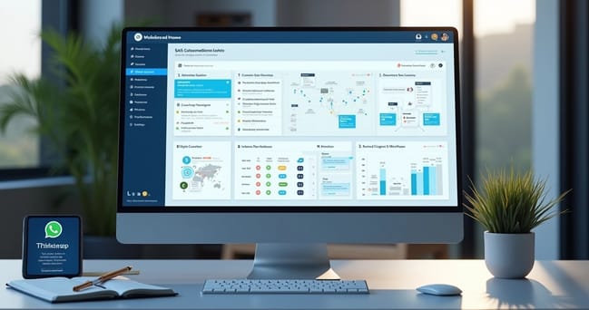 Dashboard de software SaaS mostrando fluxos automatizados para retenção de clientes com gráficos e notificações no computador