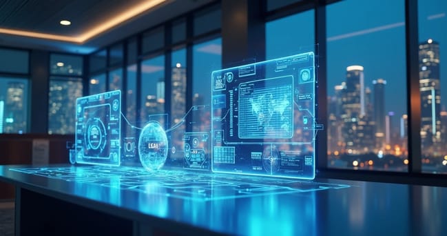 Interface digital futurista mostrando integração de Open Finance e inteligência artificial em bancos digitais