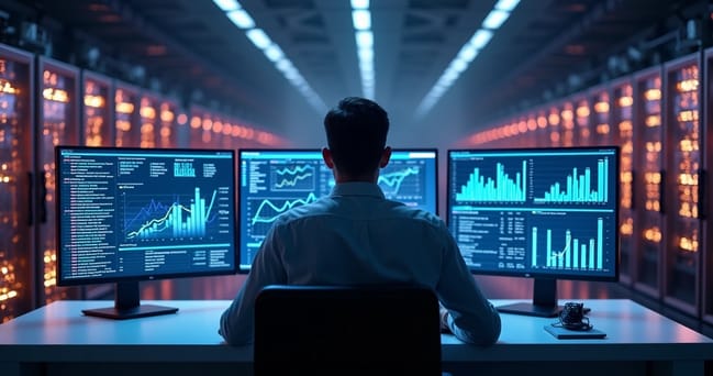 Pessoa analisando gráficos de dados em múltiplas telas digitais com servidores de dados ao fundo