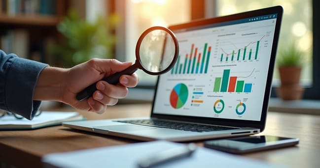 Mão segurando uma lupa sobre gráficos e planilhas de análise de mercado em um laptop