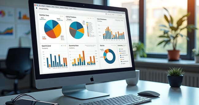 Interface colorida e detalhada mostrando dashboard de análise de tráfego orgânico multicanais com gráficos, mapas de calor e estatísticas de desempenho