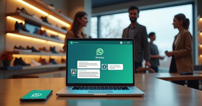 Computador e smartphone exibindo mensagens automatizadas do WhatsApp em ambiente de loja de calçados moderno