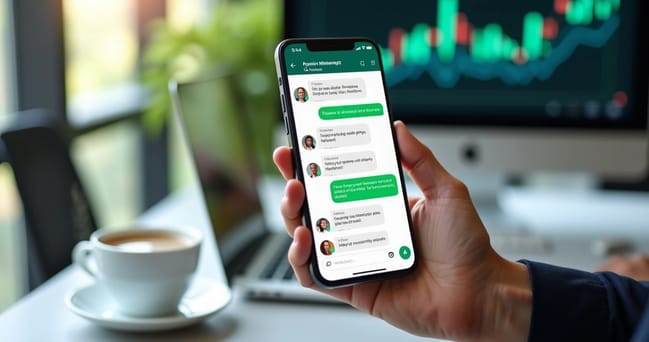 Pessoa usando smartphone exibindo interface de chat do WhatsApp com notificações de vendas automatizadas na tela