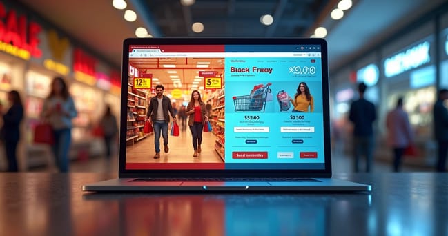 Comparação entre Black Friday e Cyber Monday com ícones de descontos e loja online