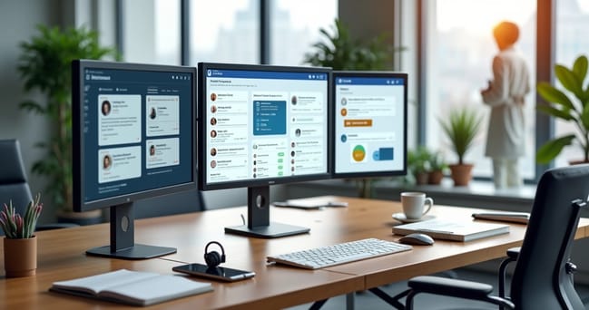 Mesa de trabalho com múltiplas telas mostrando diferentes canais de atendimento digital unificados
