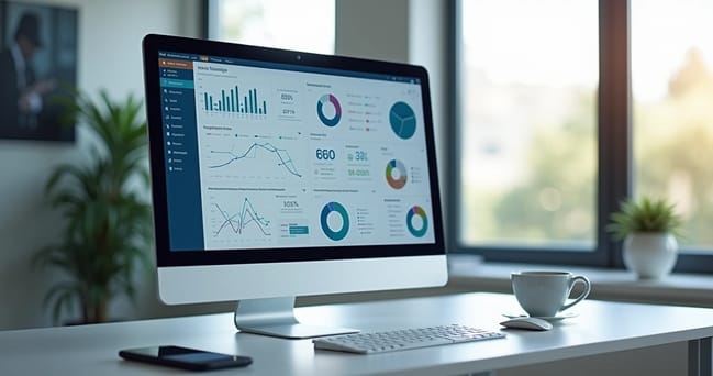 Computador mostrando dashboard digital com dados centralizados e gráficos interativos em ambiente de escritório moderno