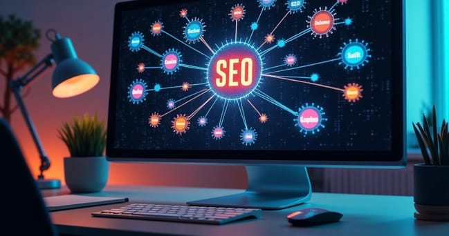 Ilustração realista de uma tela de computador mostrando um cluster temático de SEO com vários tópicos interligados por linhas em um fundo escuro