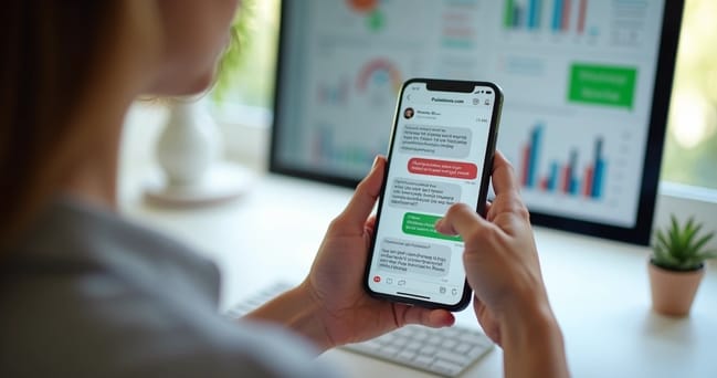 Pessoa usando smartphone com telas do Instagram e WhatsApp mostrando mensagens de vendas e gráficos de conversão