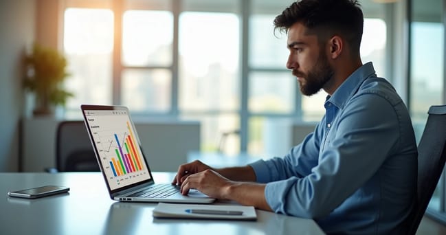 Empreendedor avaliando gráficos e indicadores de crescimento da marca em uma mesa moderna com laptop e anotações