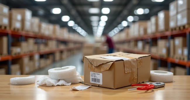 Pacote com embalagem danificada e etiqueta de envio em mesa de centro de distribuição