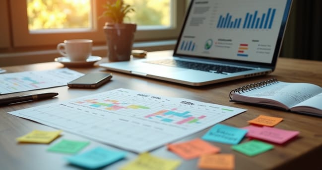 Mesa colorida com calendários destacando datas sazonais pouco conhecidas, cercada por objetos relacionados a vendas e marketing