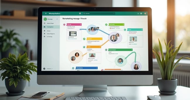 Tela de computador exibindo dashboard de automação com fluxos de mensagens de remarketing no WhatsApp em destaque