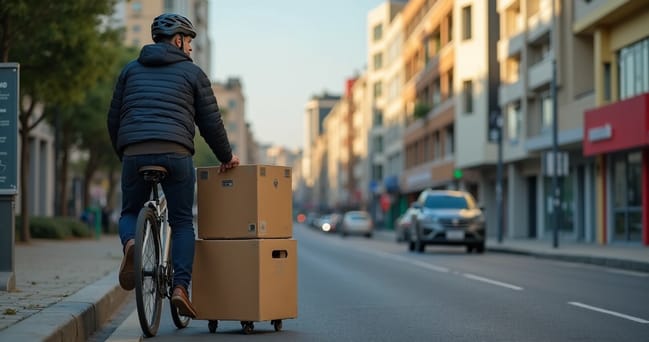 Entregador segurando caixa de encomenda ao lado de caminhão em área urbana de Porto Alegre