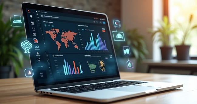 Computador com dashboard de vendas de e-commerce com gráficos de crescimento e ícones de inteligência artificial