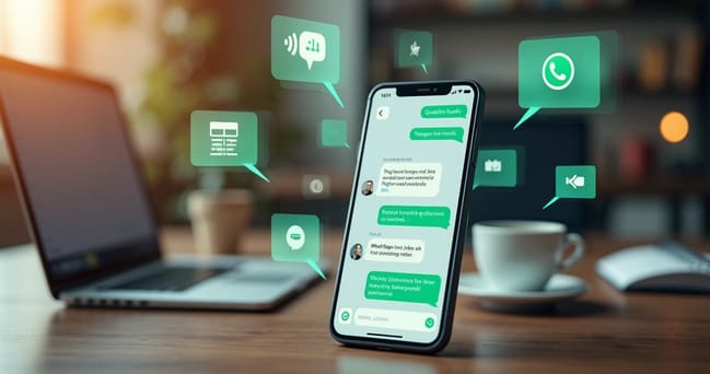 Tela de smartphone mostrando conversa ativa no WhatsApp com mensagens de leads qualificados e ícones de notificações automáticas ao redor