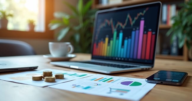 Mesa de trabalho com laptop exibindo gráficos financeiros, ao lado de pilhas de moedas e documentos com símbolos de e-commerce e finanças