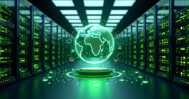 Data centers modernos com design sustentável e luzes verdes simbolizando baixa emissão de carbono