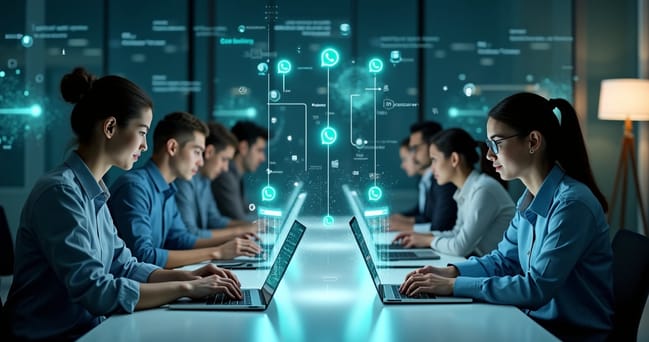 Equipe usando computadores e celulares com interface do WhatsApp, conectados por linhas digitais mostrando sincronização de dados e comunicação integrada