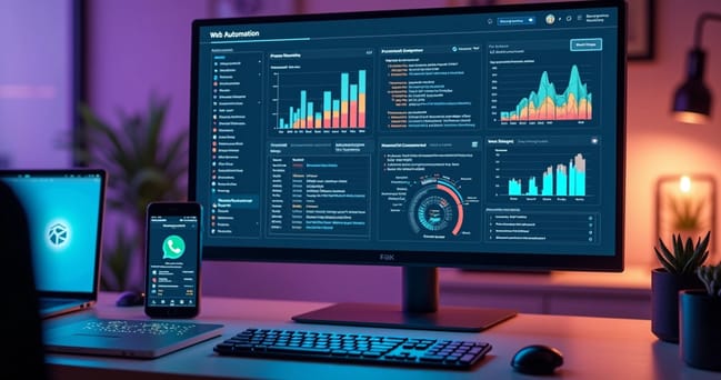 Computador moderno mostrando gráficos e fluxos de automação em ambiente de escritório tecnológico