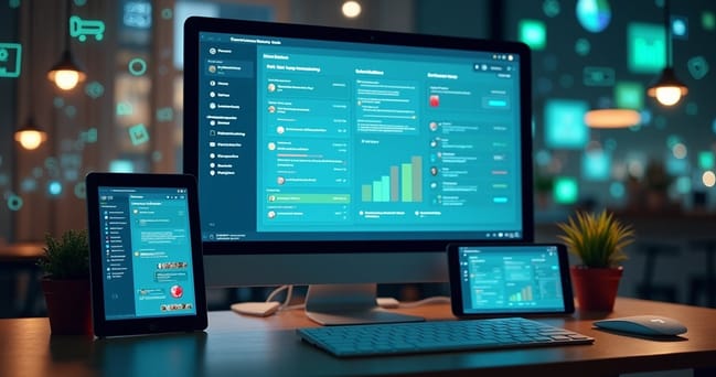 Computador com dashboard de automação de marketing conectado a múltiplos dispositivos e clientes