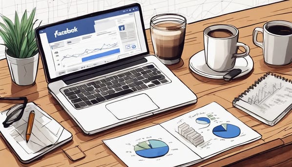 Laptop mostrando análises do Facebook, smartphone exibindo um gráfico, papéis de notas e xícara de café na mesa de madeira.