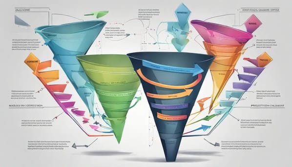 Diagrama de funil de vendas com setas coloridas representando etapas de prospecção à conversão em um escritório moderno.