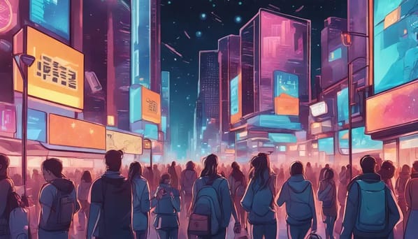 Pessoas em uma rua urbana à noite usando smartphones para pagamentos digitais, com sinais de néon e interfaces digitais brilhantes.