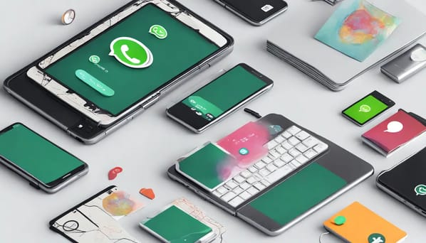 Smartphone com telas de conversa do WhatsApp e ícones de vendas em uma mesa com objetos de escritório.