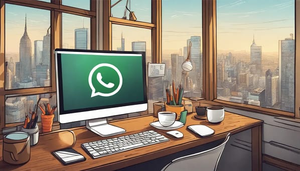 Tela de computador exibindo a interface WhatsApp Business Web em um escritório moderno com itens de trabalho sobre a mesa.