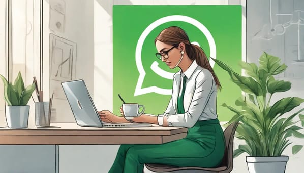 Mulher de negócios usando smartphone com logotipo do WhatsApp na tela, em uma mesa de escritório moderna.