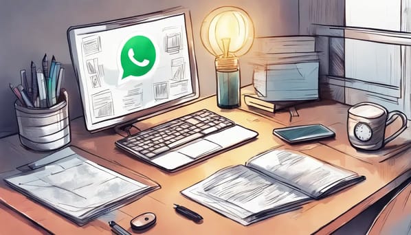 Interface do WhatsApp exibida em um monitor de computador em mesa de escritório, com documentos e smartphone.