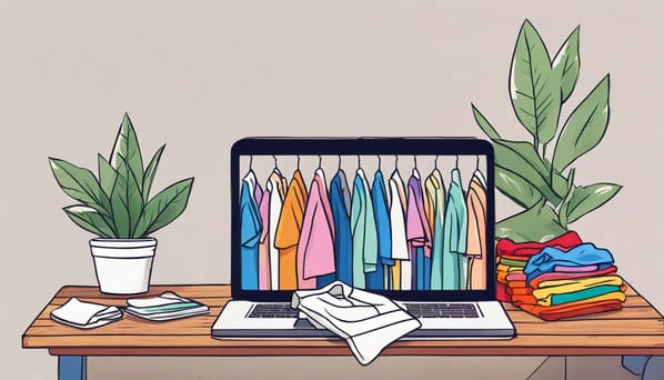 Laptop showing a secondhand clothing website next to folded clothes and a plant on a wooden desk.