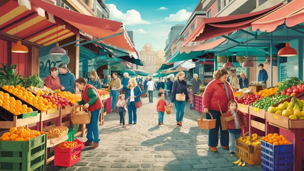 Cena de um mercado ao ar livre com barracas coloridas de frutas e clientes caminhando pelo caminho de paralelepípedos.