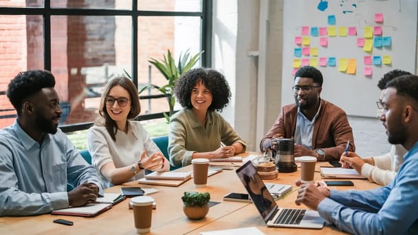 Pessoas em uma reunião em um escritório moderno, com laptops, cadernos e xícaras de café na mesa.