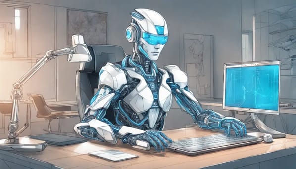 Robô elegante em um escritório futurista com monitores holográficos e móveis modernos em tons de azul e prata.