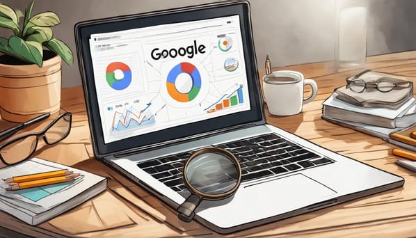 Laptop mostrando painel SEO detalhado com lupa em seção "Google Update" e pilha de livros sobre estratégia SEO ao lado.