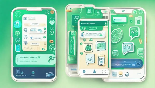 Tela de smartphone mostrando conversa de WhatsApp com ícones de chatbot e carrinho de compras.