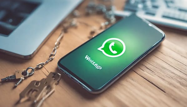 Smartphone com logo do WhatsApp na tela, protegido por escudo transparente e cadeado, em mesa de madeira.