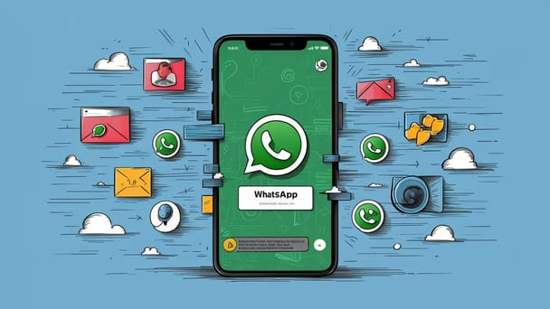 Tela de smartphone com ícone de atualização do WhatsApp e ícones de novos recursos em fundo azul claro.