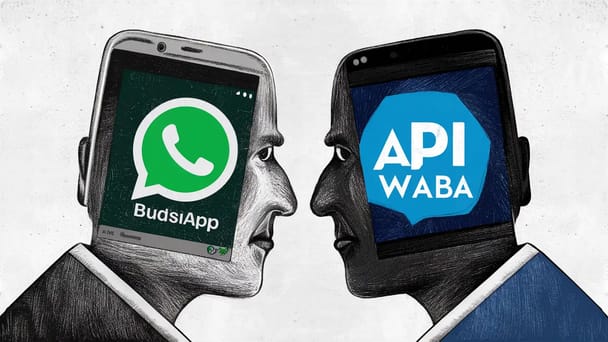 Dois smartphones de frente, um com logo verde do WhatsApp Business e outro com logo azul do API WABA.