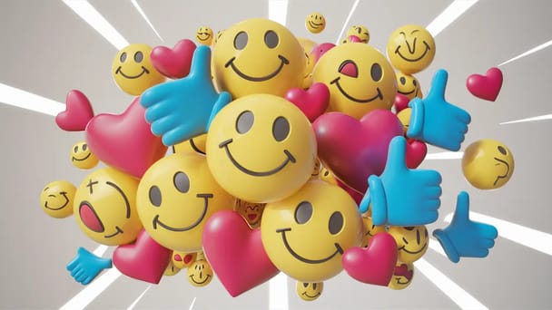 Grupo de emojis coloridos flutuando em fundo branco, incluindo rostos sorridentes e mãos aplaudindo.