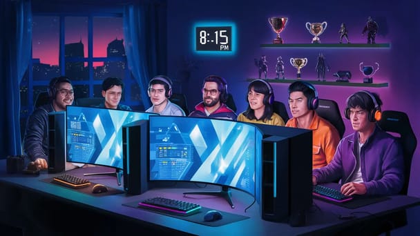 Grupo de jogadores com fones de ouvido em uma sala de jogos moderna, com telas curvas e iluminação RGB nas teclas.